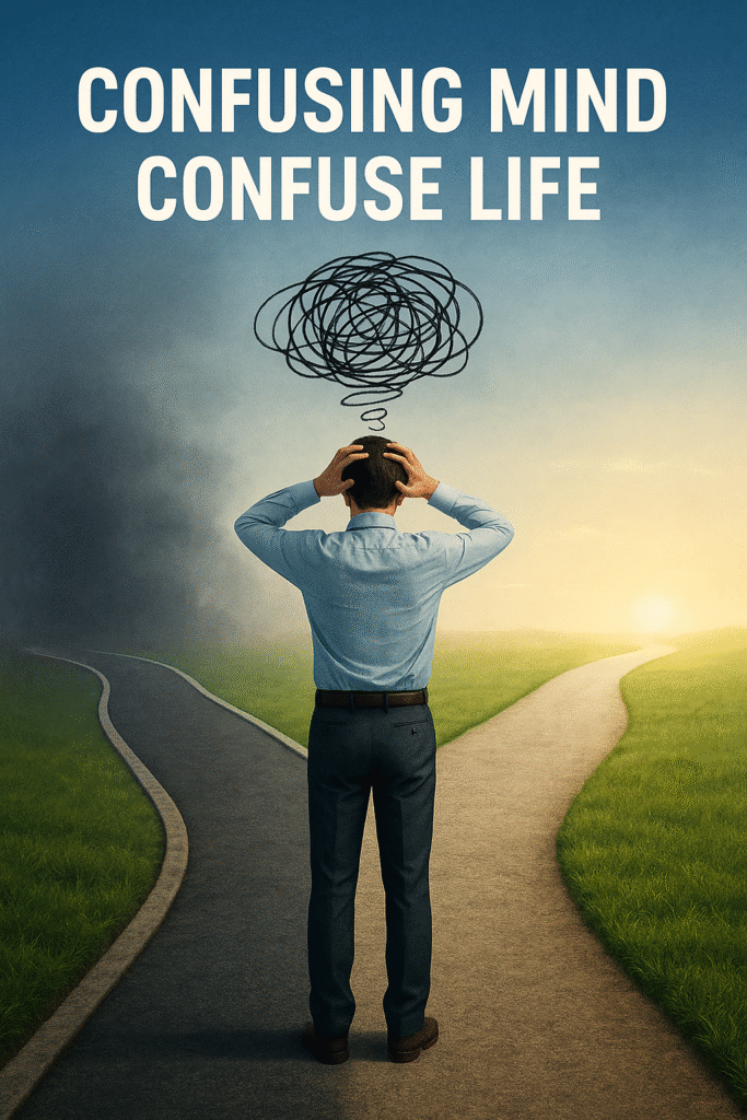 A person standing at a crossroads with one foggy path and one bright path, symbolizing how a Confusing Mind Confuse Life.