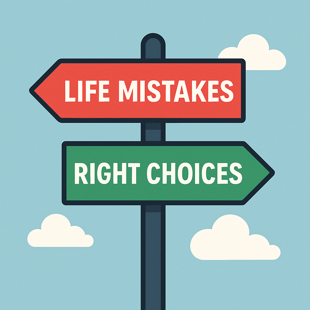Life Mistakes vs Right Choices signpost pointing in opposite directions, symbolizing decisions and personal growth.