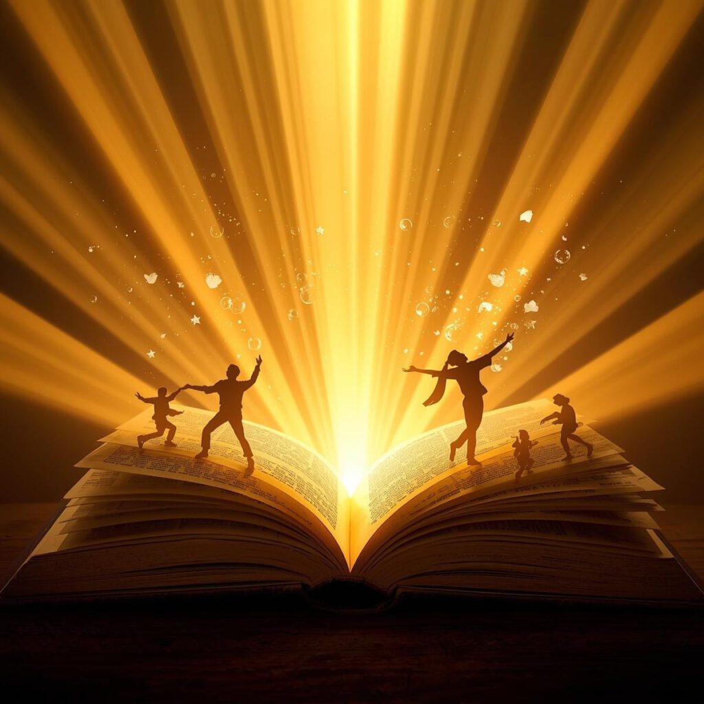 Motivational stories-“Silhouettes of people standing triumphantly on an open book, with radiant golden beams of light shining from behind, representing motivational stories, inspiration, and success through storytelling.”