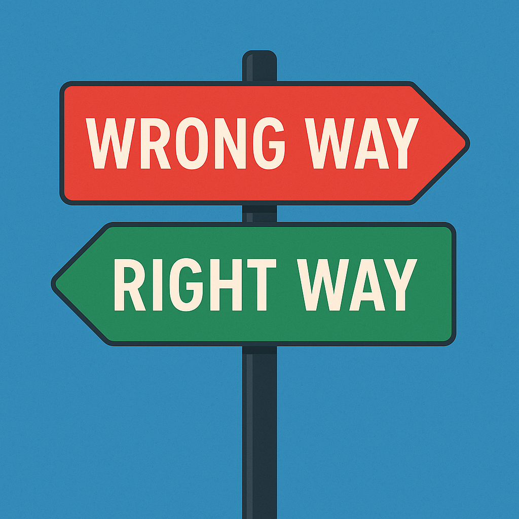 Life Mistakes vs Right Choices signpost pointing in opposite directions, symbolizing decisions and personal growth.