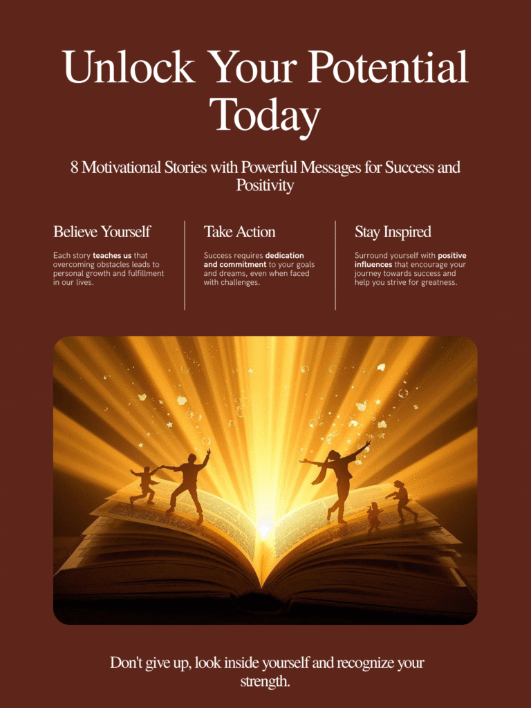 “Silhouettes of people standing triumphantly on an open book, with radiant golden beams of light shining from behind, representing motivational stories, inspiration, and success through storytelling.”