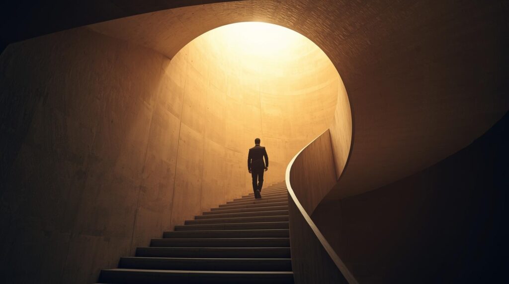 person climbing stairs representing progress and discipline